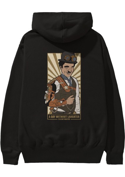 Steampunk Chaplin Arka Baskılı Siyah Oversize Kapüşonlu Sweatshirt Erkek Kadın