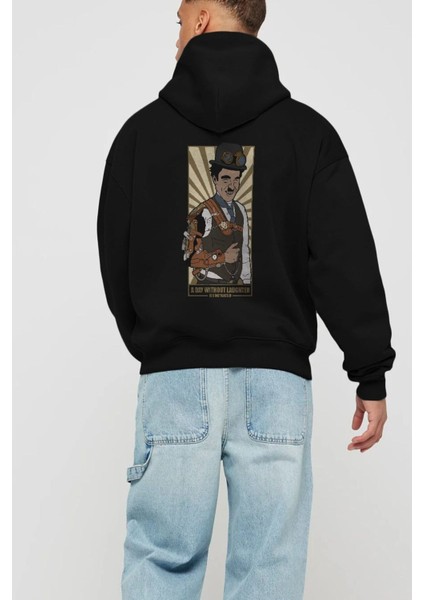 Steampunk Chaplin Arka Baskılı Siyah Oversize Kapüşonlu Sweatshirt Erkek Kadın fiyatları