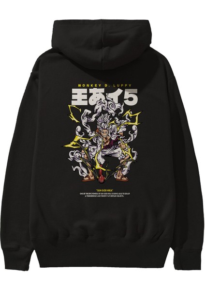 Monkey D. Luffy Gear5 1 Anime Arka Baskılı Siyah Oversize Kapüşonlu Sweatshirt Erkek Kadın