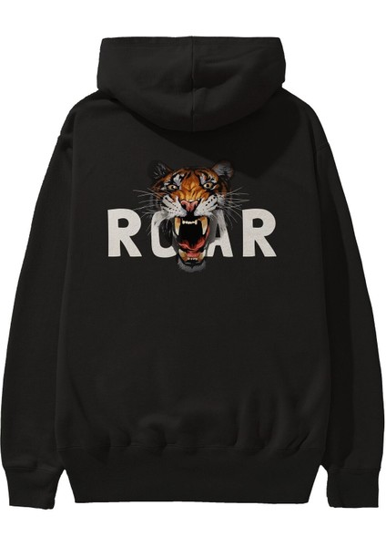 Teddy Bear Roar Arka Baskılı Siyah Oversize Kapüşonlu Sweatshirt Erkek Kadın