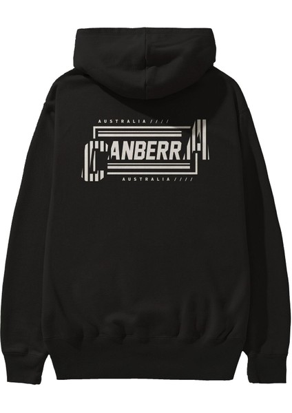 Canberra Arka Baskılı Siyah Oversize Kapüşonlu Sweatshirt Erkek Kadın