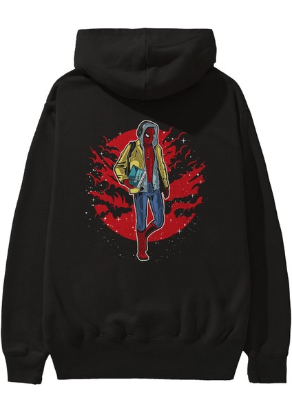 Spıderman 2 Arka Baskılı Siyah Oversize Kapüşonlu Sweatshirt Erkek Kadın