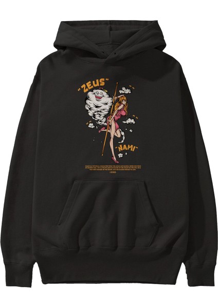 Zeus Nami Anime Ön Baskılı Siyah Hoodie Oversize Kapüşonlu Sweatshirt Erkek Kadın