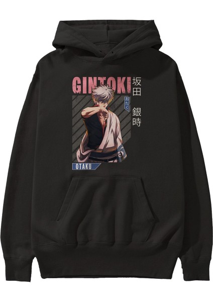 Gintoki Sakata Anime Ön Baskılı Siyah Hoodie Oversize Kapüşonlu Sweatshirt Erkek Kadın