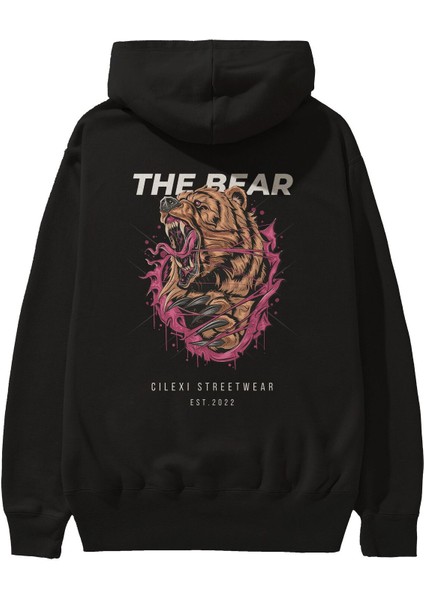 The Bear Arka Baskılı Siyah Oversize Kapüşonlu Sweatshirt Erkek Kadın