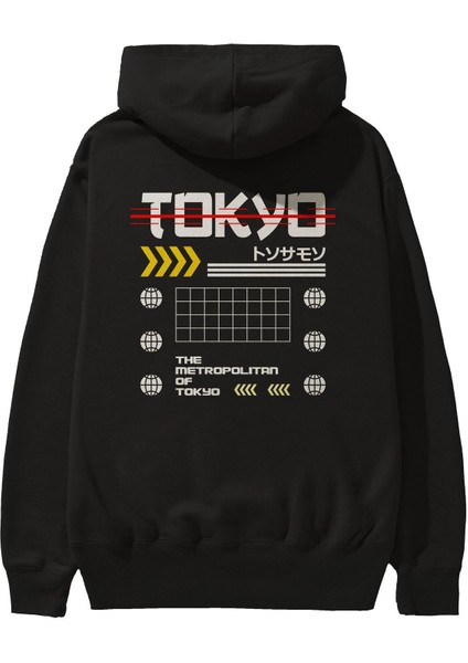 The Metropolitan Of Tokyo Arka Baskılı Siyah Oversize Kapüşonlu Sweatshirt Erkek Kadın