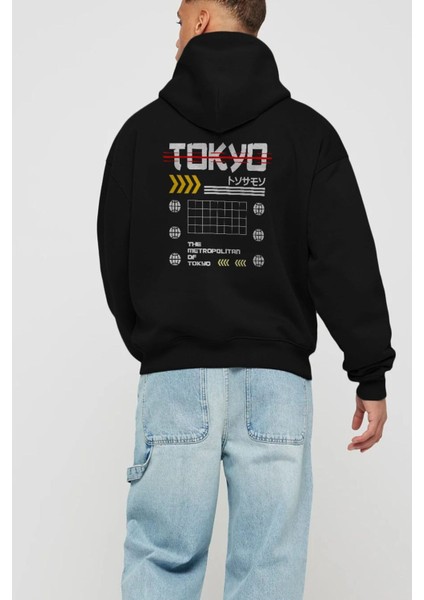 The Metropolitan Of Tokyo Arka Baskılı Siyah Oversize Kapüşonlu Sweatshirt Erkek Kadın fiyatları