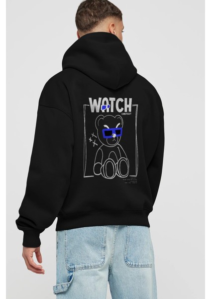 Watch Carefully Bear Arka Baskılı Siyah Oversize Kapüşonlu Sweatshirt Erkek Kadın fiyatları