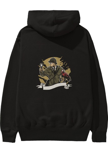 Sherlock Holmes Arka Baskılı Siyah Oversize Kapüşonlu Sweatshirt Erkek Kadın