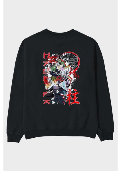 Demon Slayer Slayers Anime Arka Baskılı Siyah Oversize Sweatshirt Erkek Kadın Bisiklet Yaka
