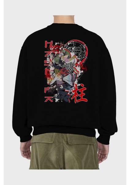 Demon Slayer Slayers Anime Arka Baskılı Siyah Oversize Sweatshirt Erkek Kadın Bisiklet Yaka