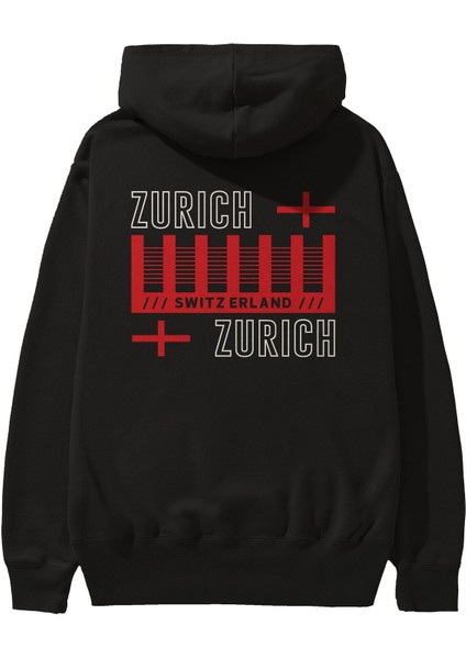 Zurich Arka Baskılı Siyah Oversize Kapüşonlu Sweatshirt Erkek Kadın