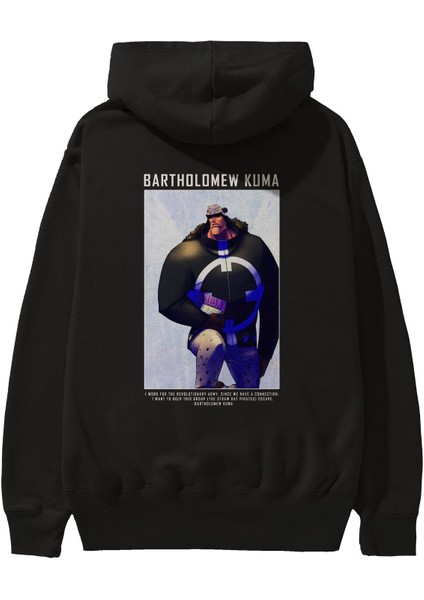 Bartholomew Kuma Anime Arka Baskılı Siyah Oversize Kapüşonlu Sweatshirt Erkek Kadın