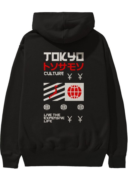 Tokyo Culture Expensive Life Arka Baskılı Siyah Oversize Kapüşonlu Sweatshirt Erkek Kadın