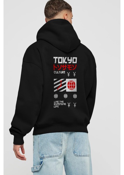 Tokyo Culture Expensive Life Arka Baskılı Siyah Oversize Kapüşonlu Sweatshirt Erkek Kadın fiyatları
