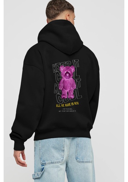 Keep It Cool Bear Arka Baskılı Siyah Oversize Kapüşonlu Sweatshirt Erkek Kadın fiyatları