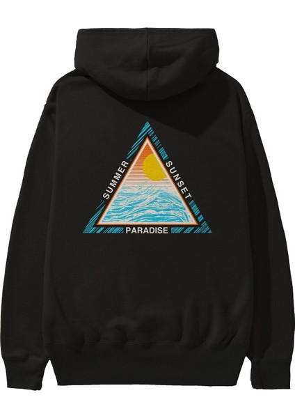 Summer Sunset Paradise Arka Baskılı Siyah Oversize Kapüşonlu Sweatshirt Erkek Kadın