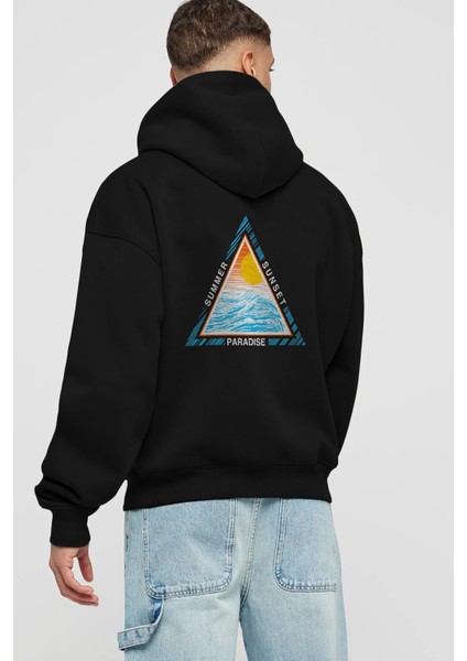 Summer Sunset Paradise Arka Baskılı Siyah Oversize Kapüşonlu Sweatshirt Erkek Kadın fiyatları