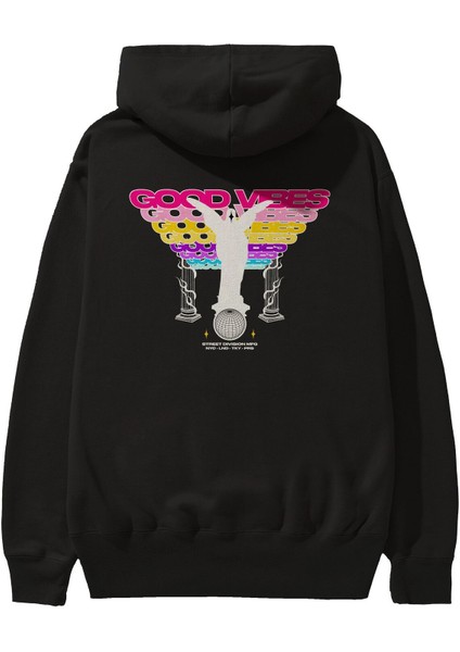 Good Vibes (2) Arka Baskılı Siyah Oversize Kapüşonlu Sweatshirt Erkek Kadın