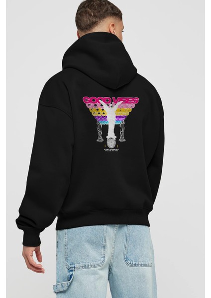 Good Vibes (2) Arka Baskılı Siyah Oversize Kapüşonlu Sweatshirt Erkek Kadın