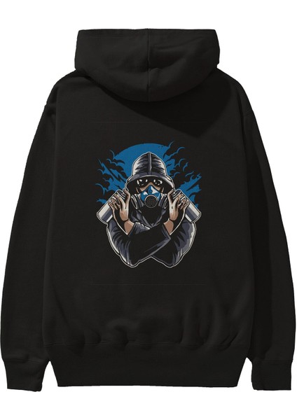 Graffiti Gasmask Arka Baskılı Siyah Oversize Kapüşonlu Sweatshirt Erkek Kadın