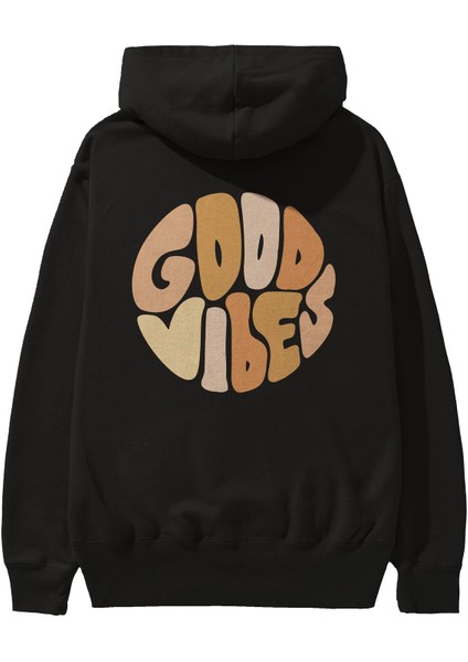 Good Vibes Yazılı 3 Arka Baskılı Siyah Oversize Kapüşonlu Sweatshirt Erkek Kadın