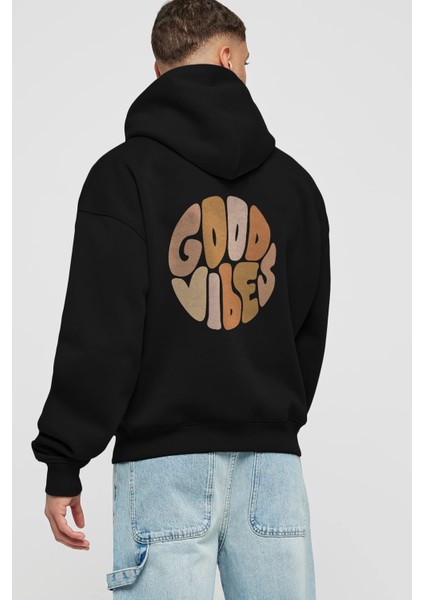 Good Vibes Yazılı 3 Arka Baskılı Siyah Oversize Kapüşonlu Sweatshirt Erkek Kadın