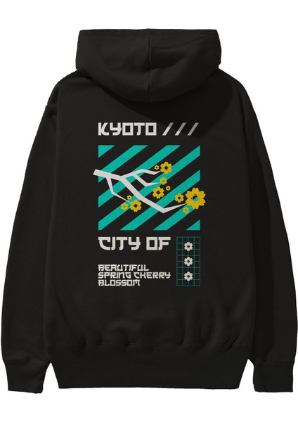 Kyoto City Of Cherry Blossom Arka Baskılı Siyah Oversize Kapüşonlu Sweatshirt Erkek Kadın