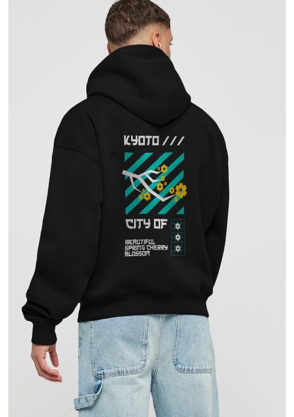 Kyoto City Of Cherry Blossom Arka Baskılı Siyah Oversize Kapüşonlu Sweatshirt Erkek Kadın fiyatları