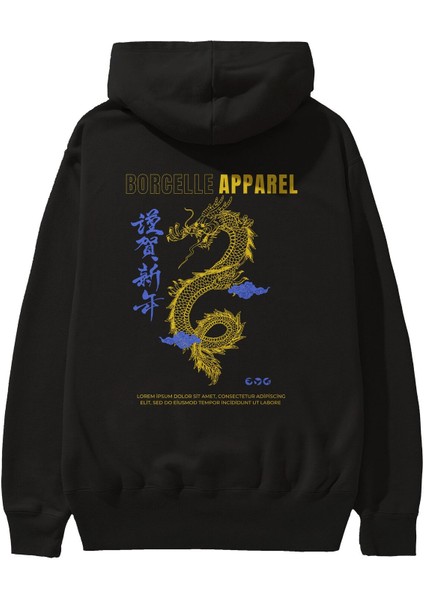 Borcelle Apparel Yazılı Arka Baskılı Siyah Oversize Kapüşonlu Sweatshirt Erkek Kadın