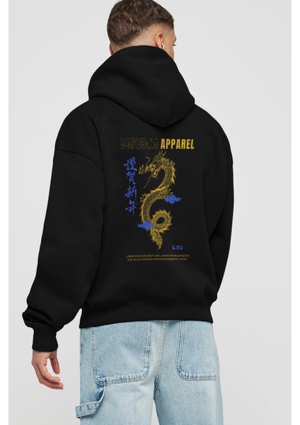 Borcelle Apparel Yazılı Arka Baskılı Siyah Oversize Kapüşonlu Sweatshirt Erkek Kadın