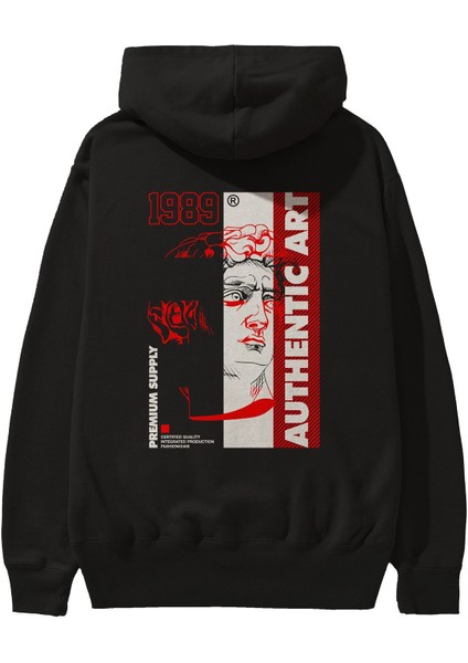 Authentic Art Arka Baskılı Siyah Oversize Kapüşonlu Sweatshirt Erkek Kadın