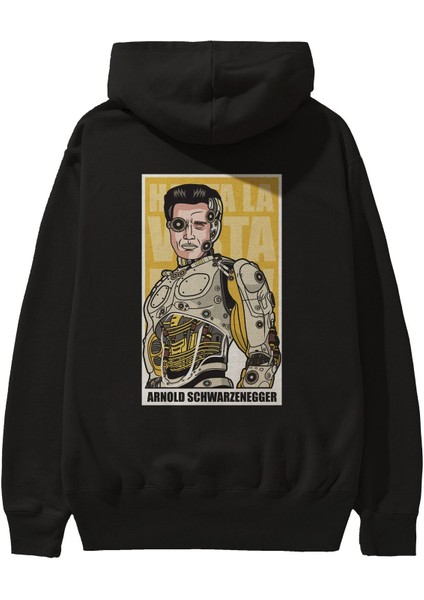 Arnold Robot Human Arka Baskılı Siyah Oversize Kapüşonlu Sweatshirt Erkek Kadın