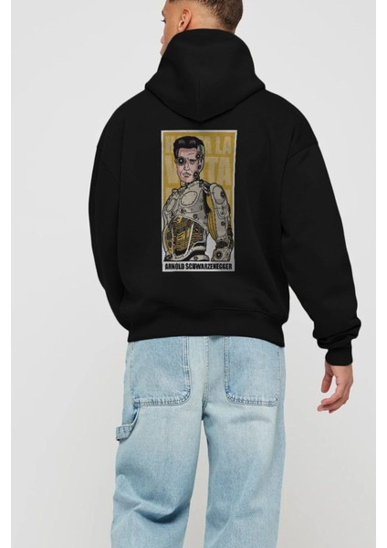 Arnold Robot Human Arka Baskılı Siyah Oversize Kapüşonlu Sweatshirt Erkek Kadın fiyatları