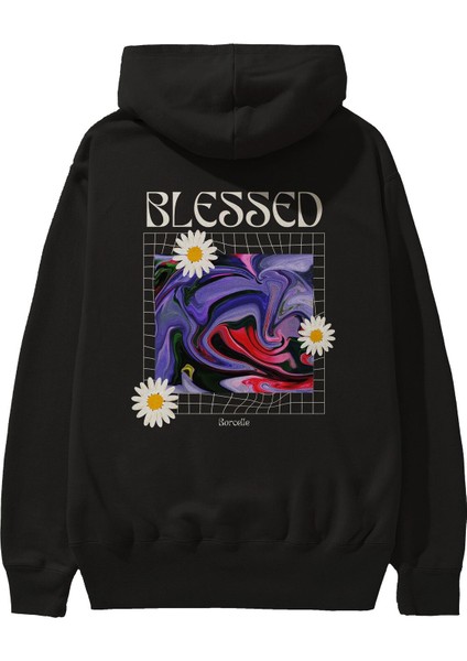 Blessed Arka Baskılı Siyah Oversize Kapüşonlu Sweatshirt Erkek Kadın