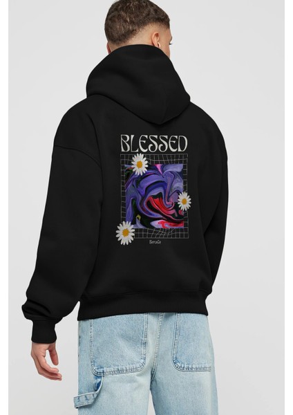 Blessed Arka Baskılı Siyah Oversize Kapüşonlu Sweatshirt Erkek Kadın fiyatları