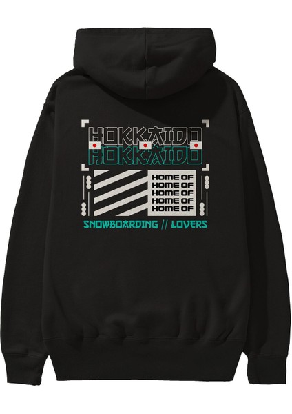 Hokkaido Home Of Arka Baskılı Siyah Oversize Kapüşonlu Sweatshirt Erkek Kadın