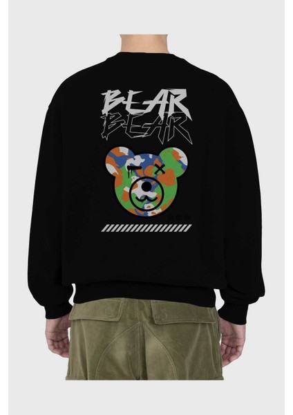 Be Happy Bear 2 Arka Baskılı Siyah Oversize Sweatshirt Erkek Kadın Bisiklet Yaka