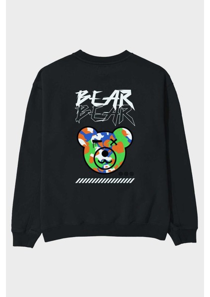 Be Happy Bear 2 Arka Baskılı Siyah Oversize Sweatshirt Erkek Kadın Bisiklet Yaka