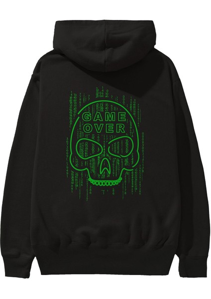 Game Over Arka Baskılı Siyah Oversize Kapüşonlu Sweatshirt Erkek Kadın