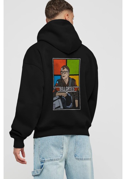 Bill Gates Top Gun Arka Baskılı Siyah Oversize Kapüşonlu Sweatshirt Erkek Kadın fiyatları