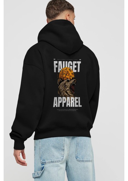 Bear Angry Fauget Apparel Arka Baskılı Siyah Oversize Kapüşonlu Sweatshirt Erkek Kadın