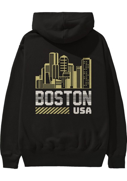 Boston Arka Baskılı Siyah Oversize Kapüşonlu Sweatshirt Erkek Kadın