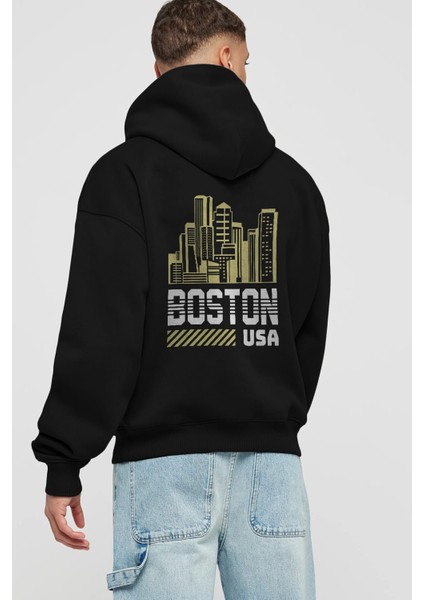 Boston Arka Baskılı Siyah Oversize Kapüşonlu Sweatshirt Erkek Kadın fiyatları