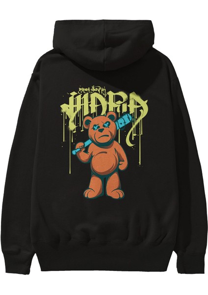 Hidra Bear Arka Baskılı Siyah Oversize Kapüşonlu Sweatshirt Erkek Kadın