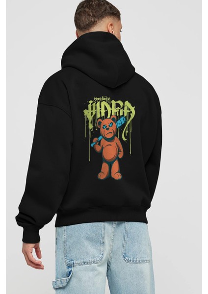 Hidra Bear Arka Baskılı Siyah Oversize Kapüşonlu Sweatshirt Erkek Kadın