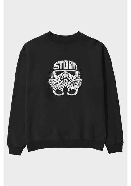 Storm Trooper Ön Baskılı Siyah Oversize Sweatshirt Erkek Kadın Bisiklet Yaka