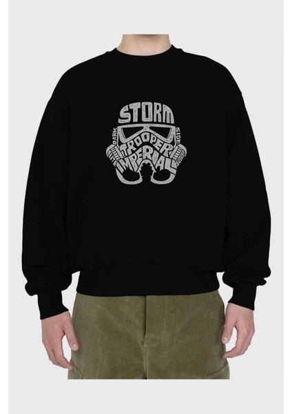 Storm Trooper Ön Baskılı Siyah Oversize Sweatshirt Erkek Kadın Bisiklet Yaka