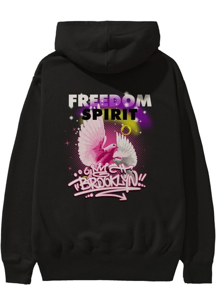 Freedom Spirit Brooklyn Arka Baskılı Siyah Oversize Kapüşonlu Sweatshirt Erkek Kadın