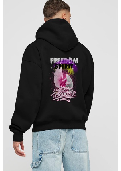 Freedom Spirit Brooklyn Arka Baskılı Siyah Oversize Kapüşonlu Sweatshirt Erkek Kadın fiyatları